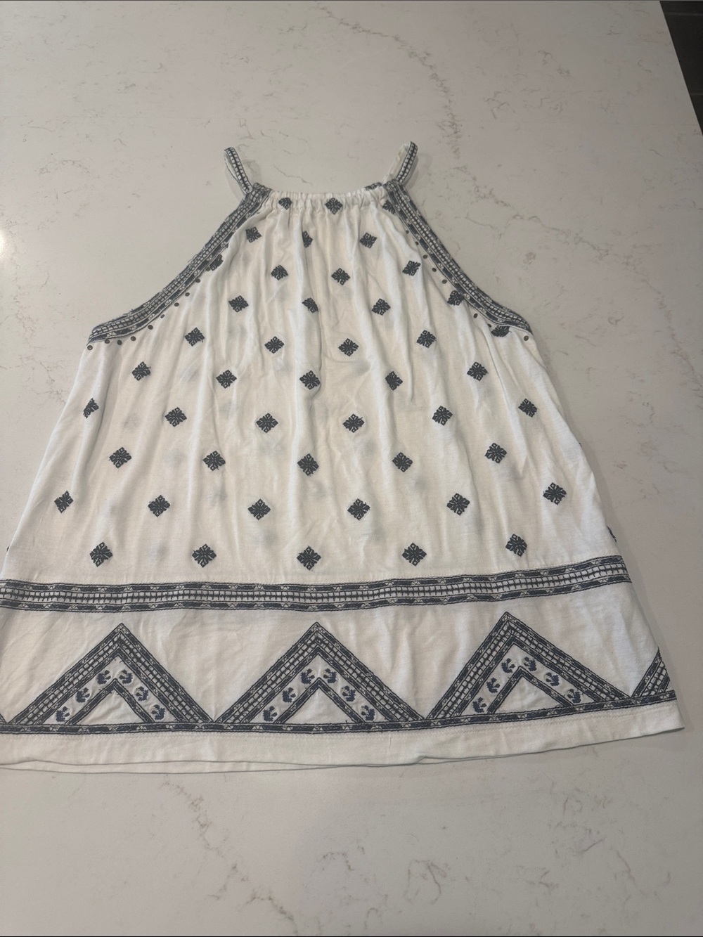 Anthropologie White Tank Top with Navy & Black Embroidery
